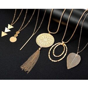 Long Pendant Necklace for Women, Gold Bar Circle Leaf Triangle Tassel 6 Pieces